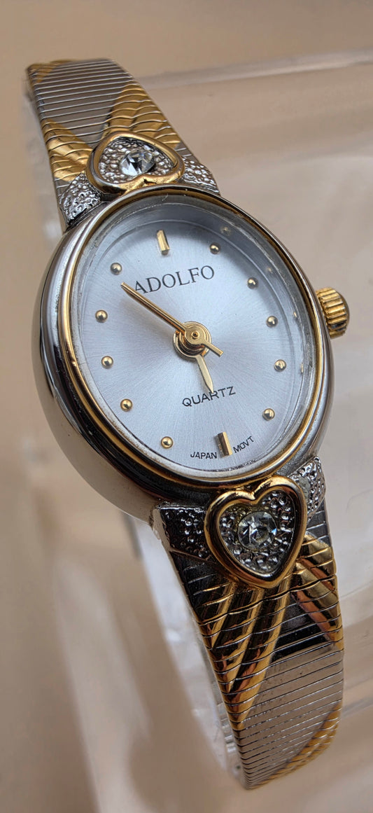 ADOLFO Vintage Goldtone/Silvertone/Heart Design Vintage Women's Adjustable up to 8" Watch