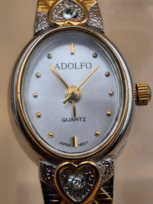 ADOLFO Vintage Goldtone/Silvertone/Heart Design Vintage Women's Adjustable up to 8" Watch