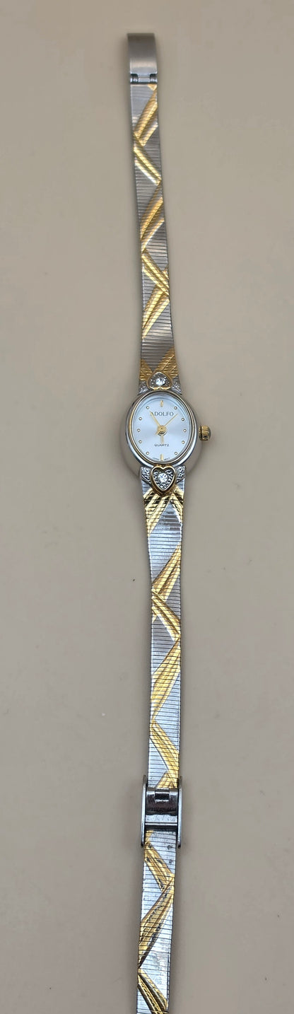 ADOLFO Vintage Goldtone/Silvertone/Heart Design Vintage Women's Adjustable up to 8" Watch