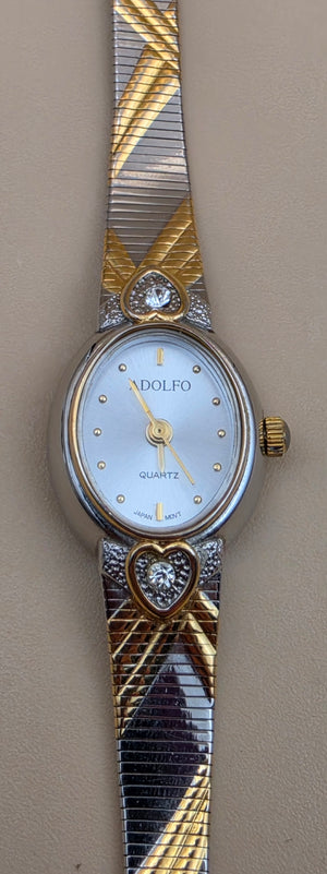 ADOLFO Vintage Goldtone/Silvertone/Heart Design Vintage Women's Adjustable up to 8" Watch