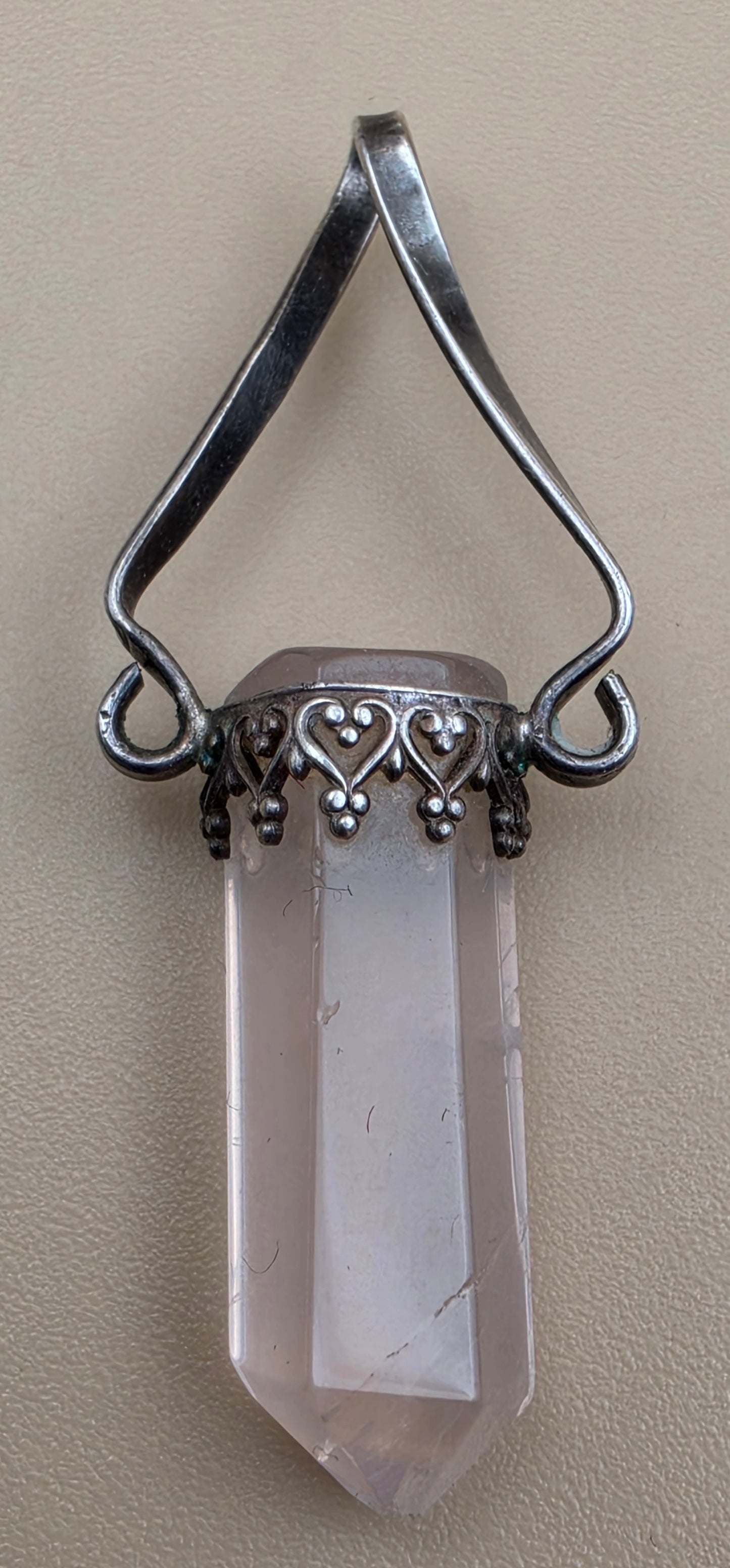 Sterling Silver/Rose Quartz Vintage 1.75" Pendant
