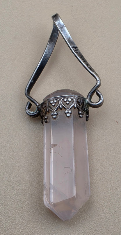 Sterling Silver/Rose Quartz Vintage 1.75" Pendant