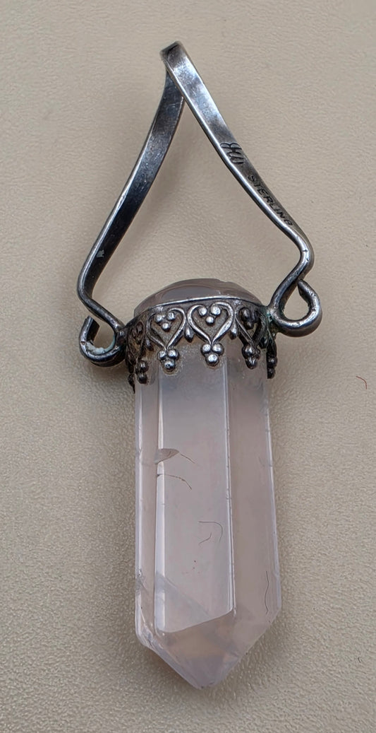 Sterling Silver/Rose Quartz Vintage 1.75" Pendant