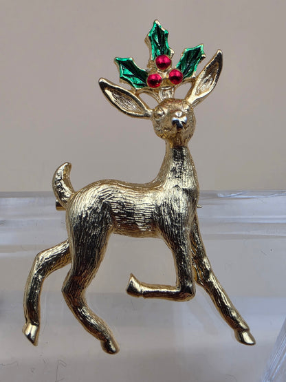 GERRYS Vintage Goldtone/Red/Green Enamel Christmas Reindeer Vintage Brooch