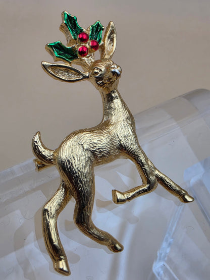 GERRYS Vintage Goldtone/Red/Green Enamel Christmas Reindeer Vintage Brooch