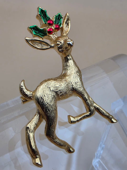 GERRYS Vintage Goldtone/Red/Green Enamel Christmas Reindeer Vintage Brooch