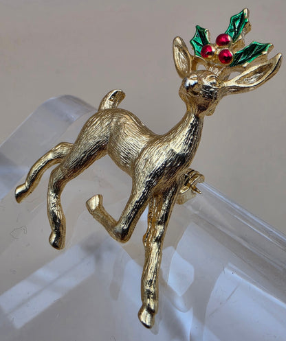 GERRYS Vintage Goldtone/Red/Green Enamel Christmas Reindeer Vintage Brooch