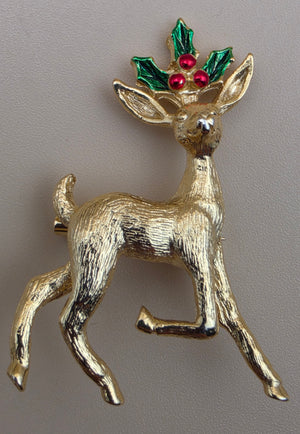 GERRYS Vintage Goldtone/Red/Green Enamel Christmas Reindeer Vintage Brooch