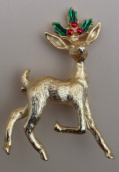 GERRYS Vintage Goldtone/Red/Green Enamel Christmas Reindeer Vintage Brooch