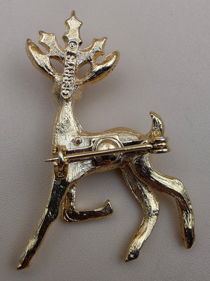 GERRYS Vintage Goldtone/Red/Green Enamel Christmas Reindeer Vintage Brooch