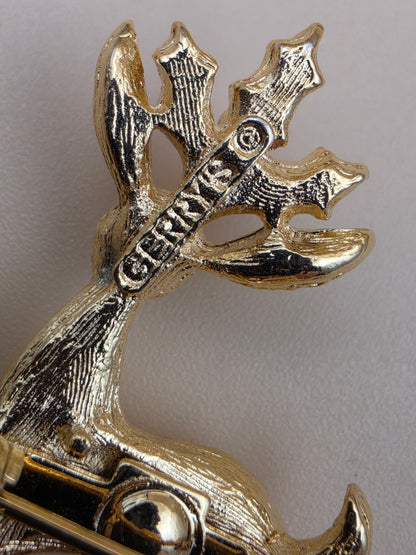 GERRYS Vintage Goldtone/Red/Green Enamel Christmas Reindeer Vintage Brooch