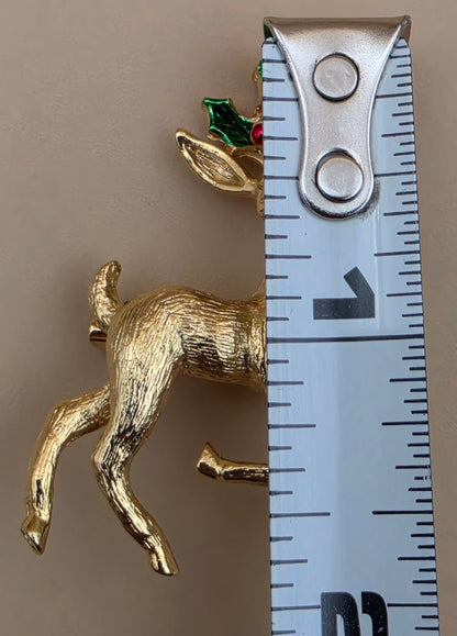 GERRYS Vintage Goldtone/Red/Green Enamel Christmas Reindeer Vintage Brooch