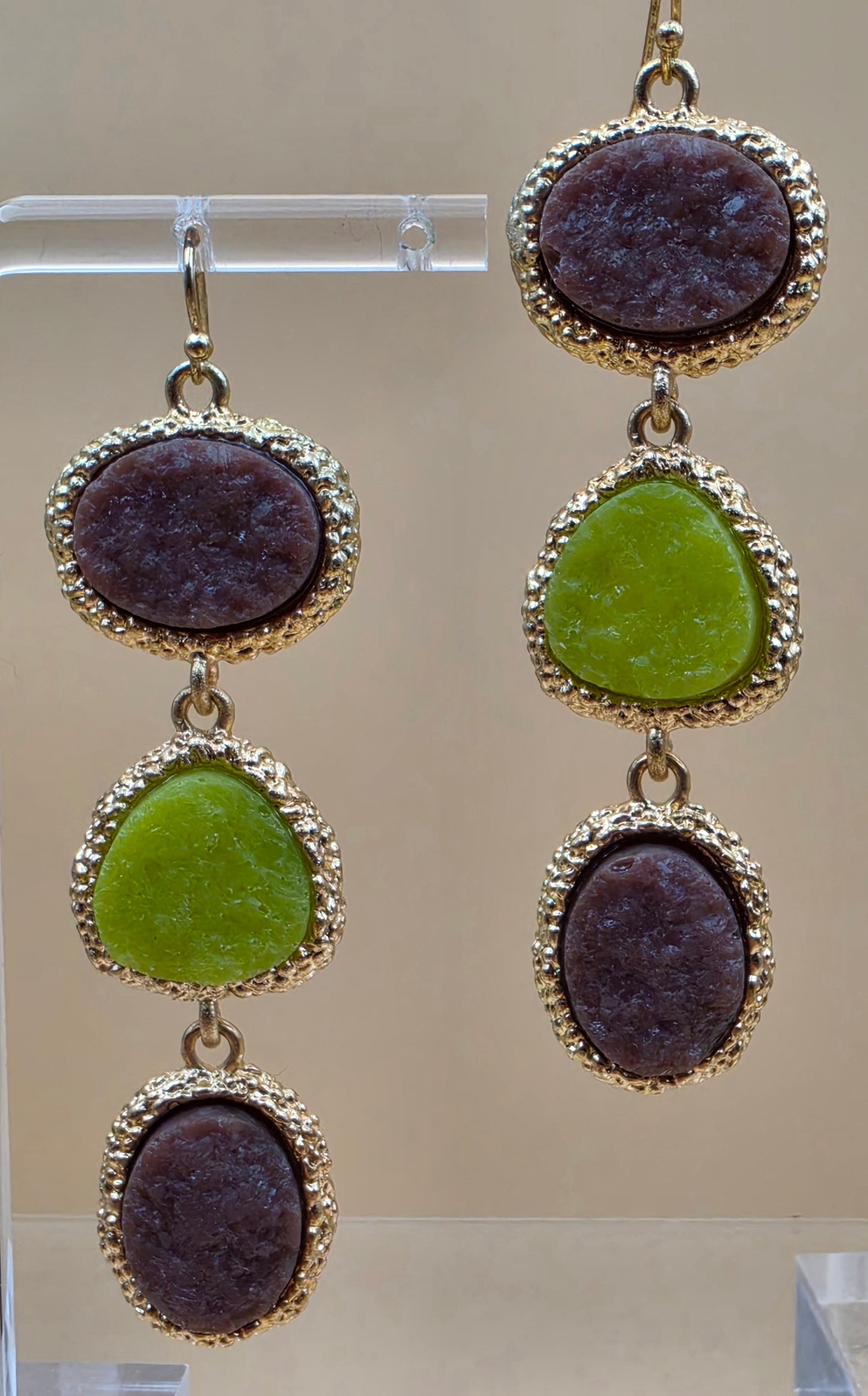 Green/Brown Druzy Stone Triple Dangle 3" Earrings