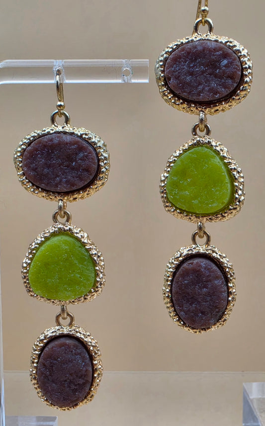 Green/Brown Druzy Stone Triple Dangle 3" Earrings