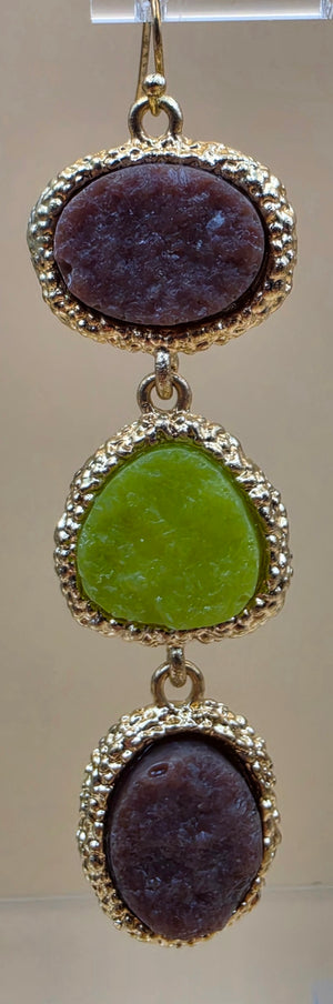 Green/Brown Druzy Stone Triple Dangle 3" Earrings