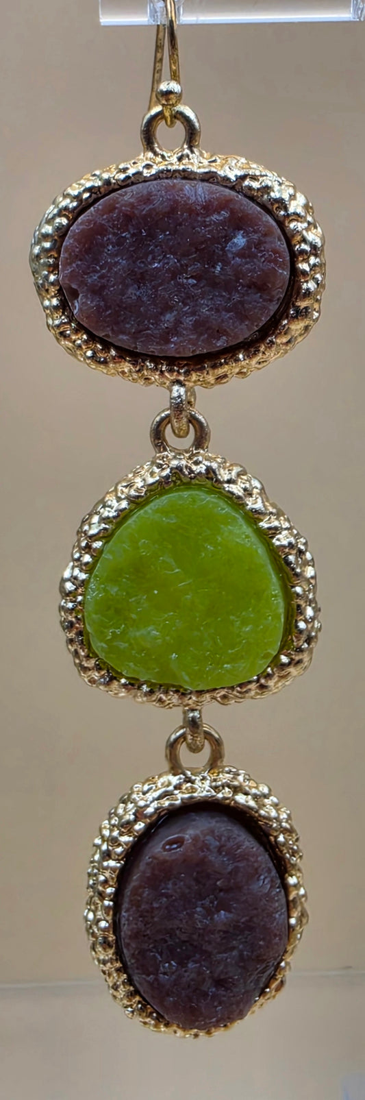 Green/Brown Druzy Stone Triple Dangle 3" Earrings