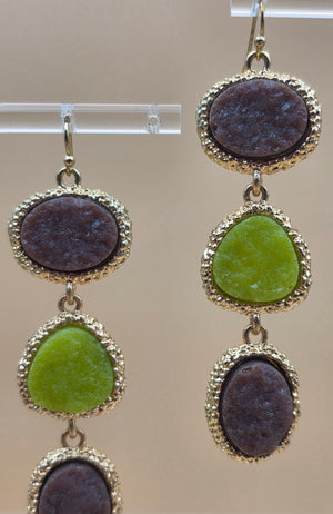 Green/Brown Druzy Stone Triple Dangle 3" Earrings