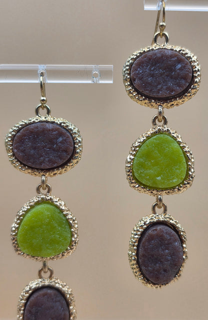 Green/Brown Druzy Stone Triple Dangle 3" Earrings