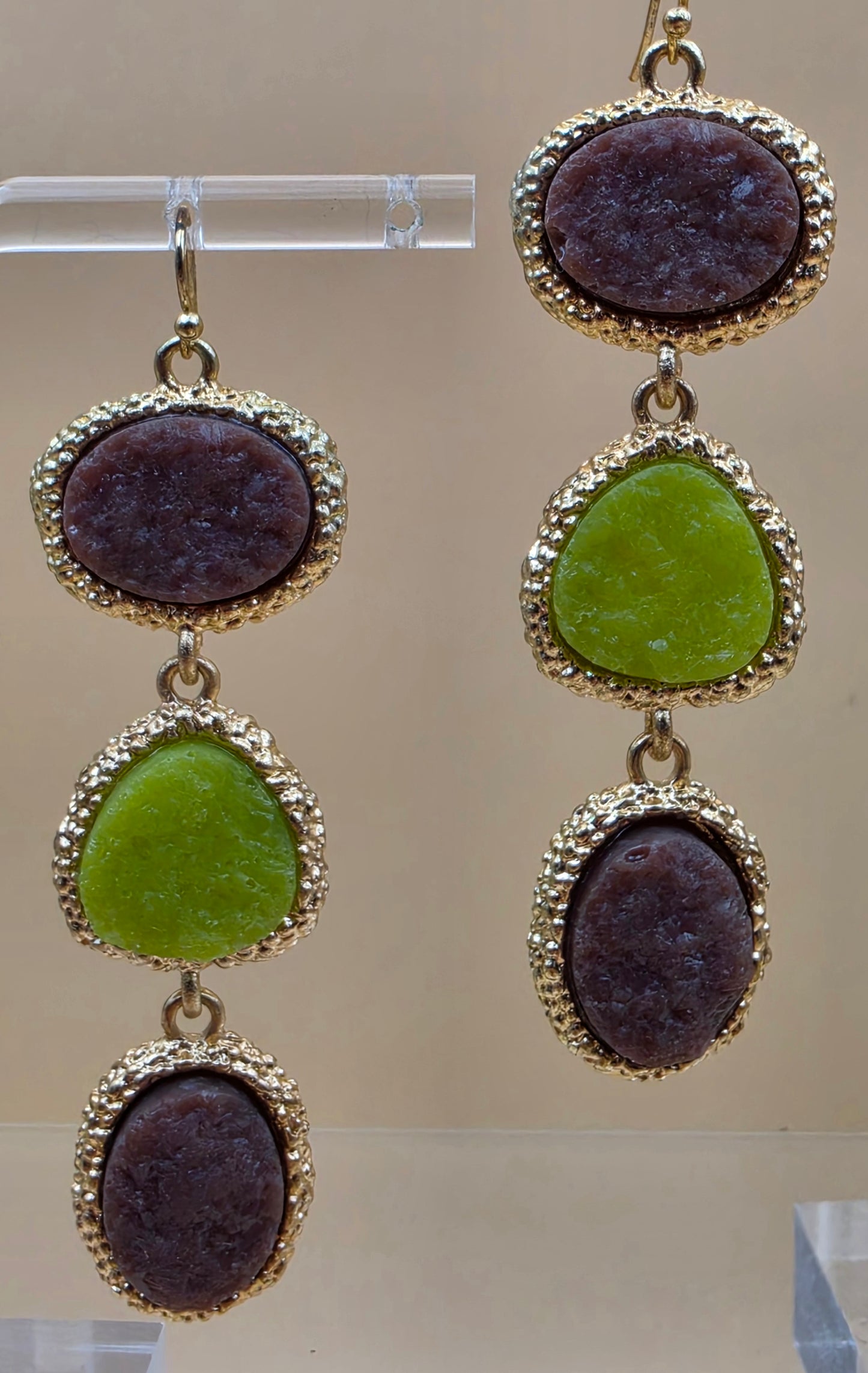Green/Brown Druzy Stone Triple Dangle 3" Earrings