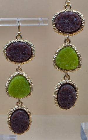 Green/Brown Druzy Stone Triple Dangle 3" Earrings