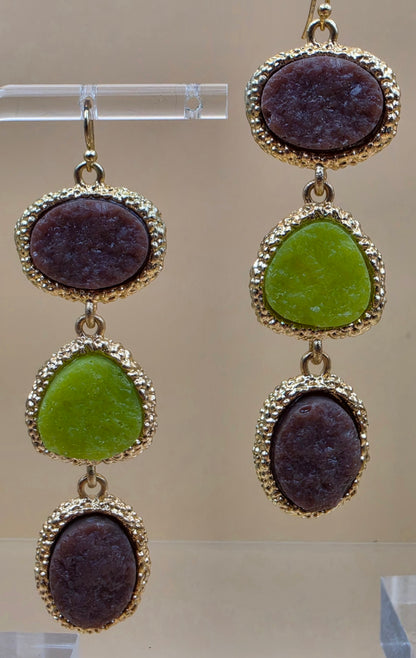 Green/Brown Druzy Stone Triple Dangle 3" Earrings
