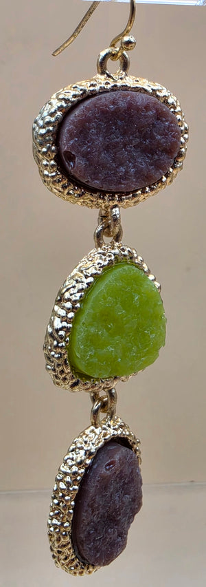 Green/Brown Druzy Stone Triple Dangle 3" Earrings