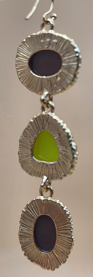 Green/Brown Druzy Stone Triple Dangle 3" Earrings