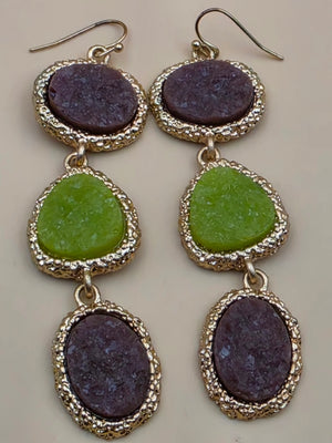 Green/Brown Druzy Stone Triple Dangle 3" Earrings