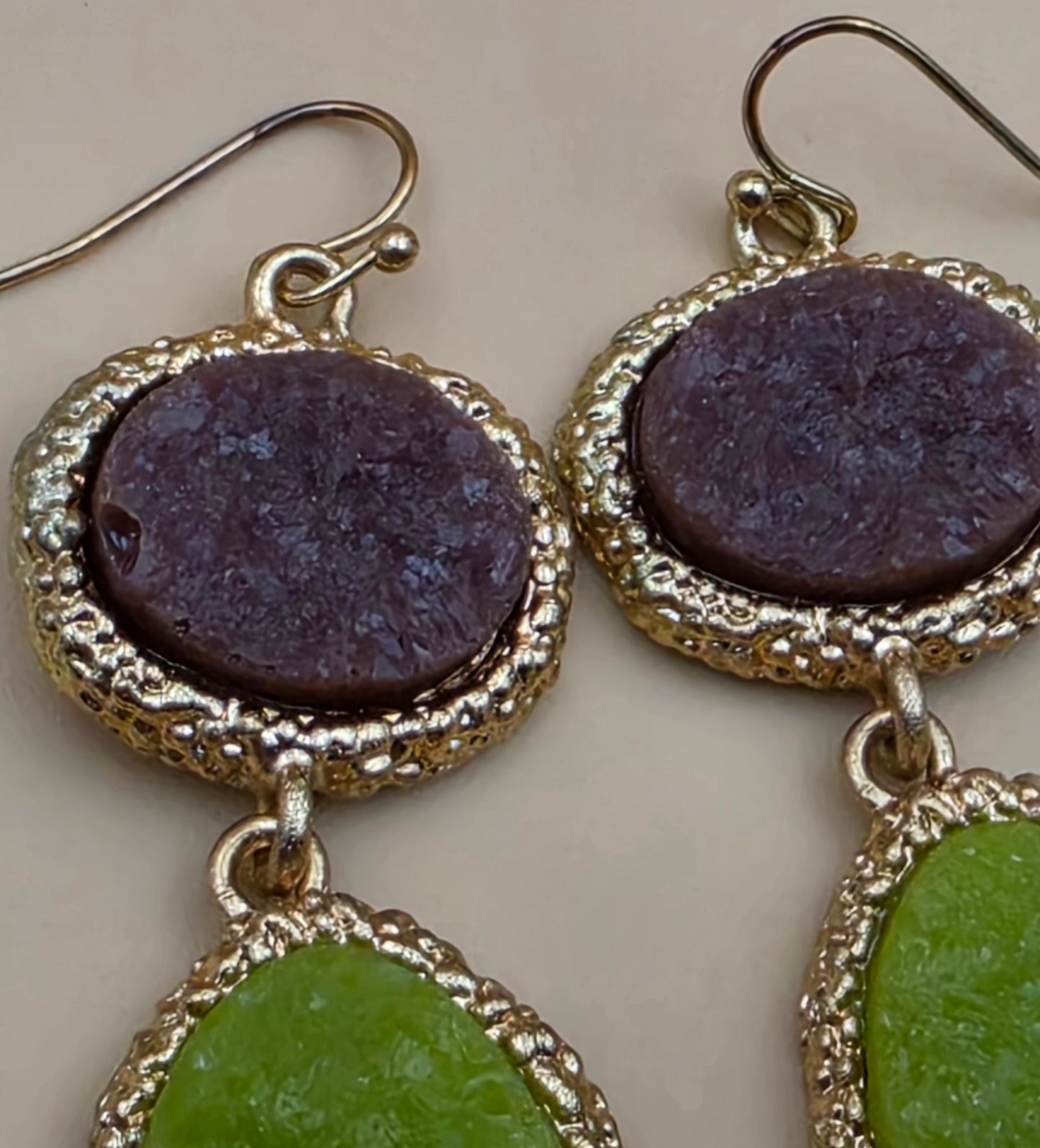 Green/Brown Druzy Stone Triple Dangle 3" Earrings