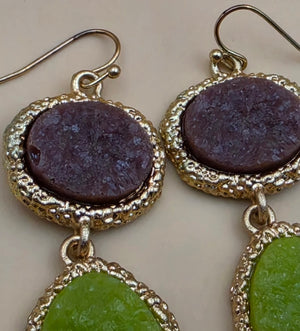 Green/Brown Druzy Stone Triple Dangle 3" Earrings