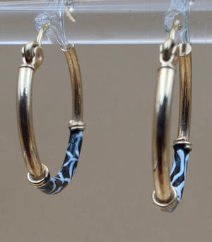 14K /Black/White Enamel 1" Hoop Earrings