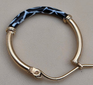 14K /Black/White Enamel 1" Hoop Earrings