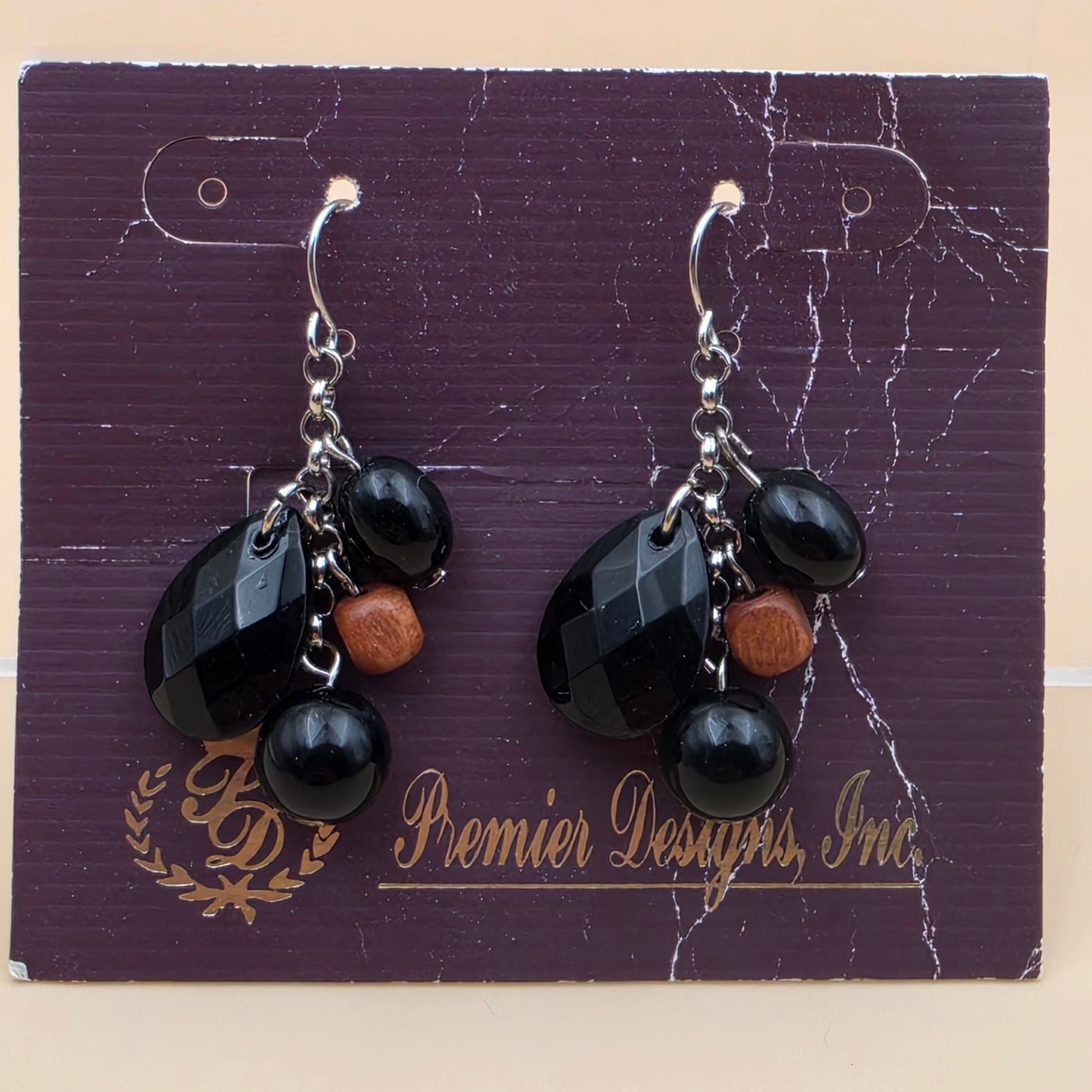 PREMIER DESIGNS Faceted Black Bead/Wooden Bead 1.75" Dangle Earrings