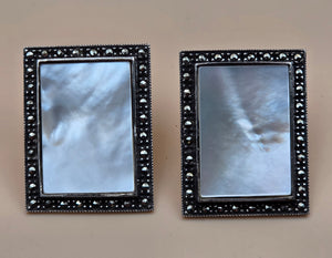 Marcasite/Mother Of Pearl/Sterling Silver 1.25" Rectangle Frame Earrings