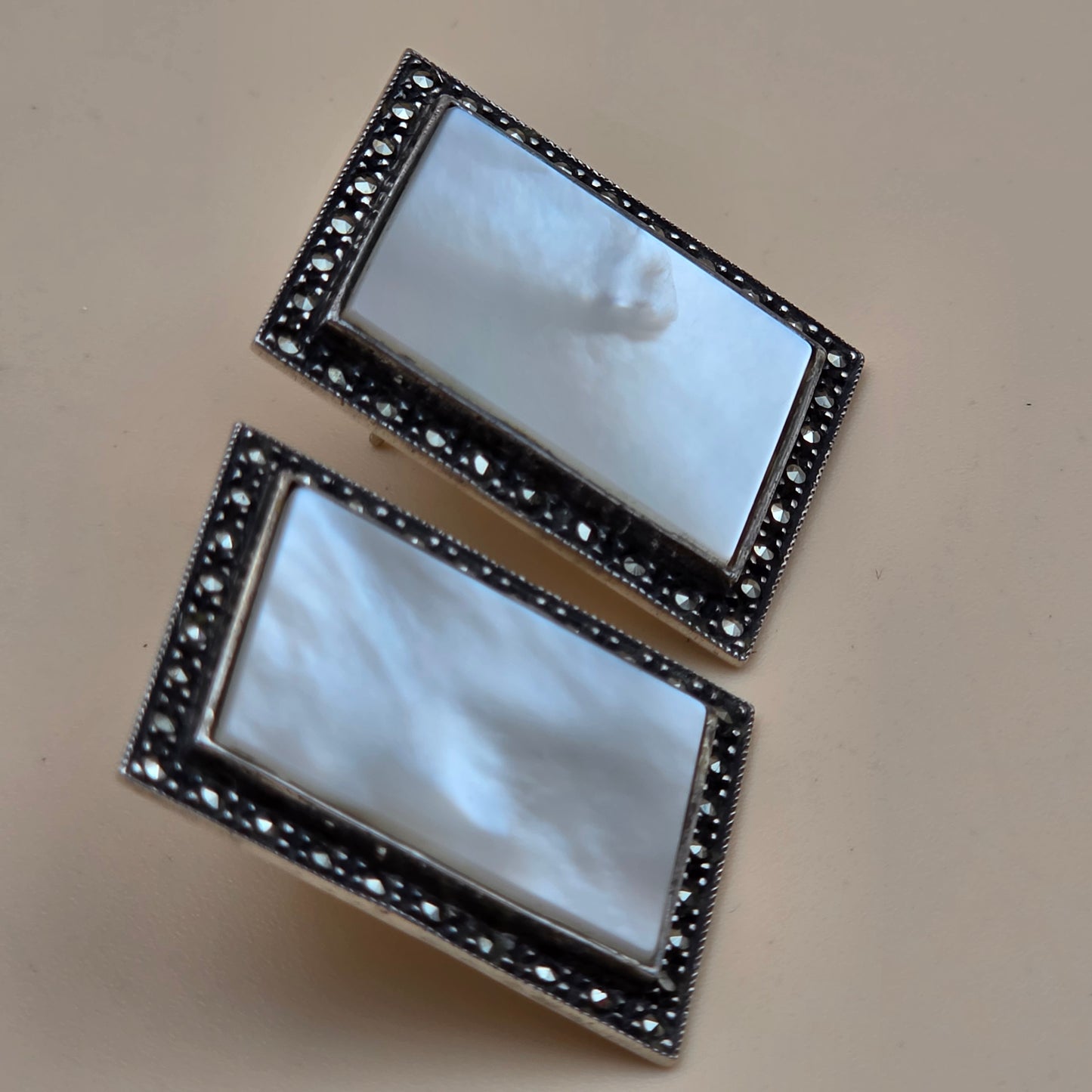Marcasite/Mother Of Pearl/Sterling Silver 1.25" Rectangle Frame Earrings