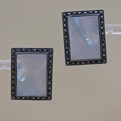 Marcasite/Mother Of Pearl/Sterling Silver 1.25" Rectangle Frame Earrings