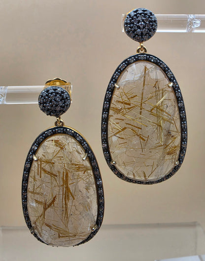 Gold Plated Sterling Silver/Diamond/Rutile Quartz 2" Dangle Earrings