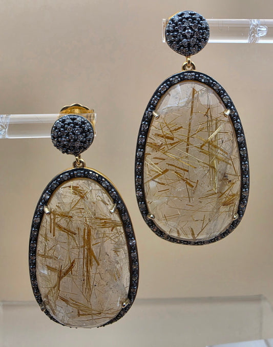 Gold Plated Sterling Silver/Diamond/Rutile Quartz 2" Dangle Earrings