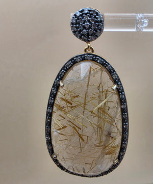Gold Plated Sterling Silver/Diamond/Rutile Quartz 2" Dangle Earrings