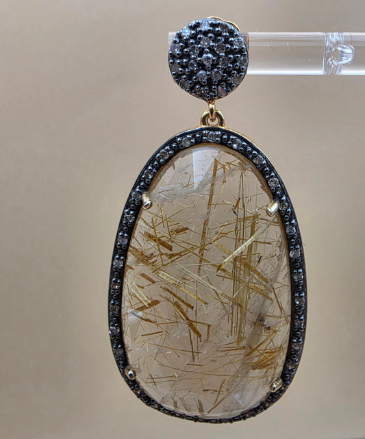 Gold Plated Sterling Silver/Diamond/Rutile Quartz 2" Dangle Earrings