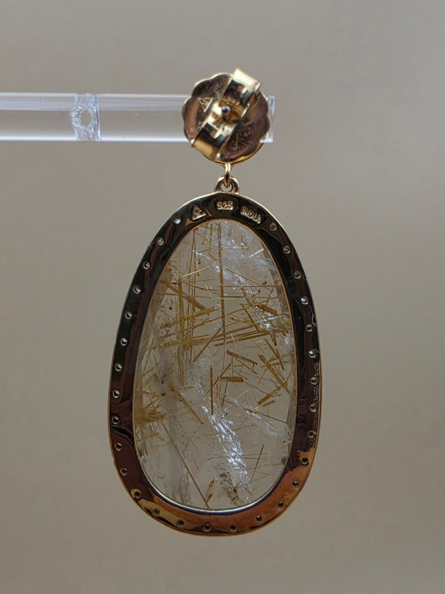 Gold Plated Sterling Silver/Diamond/Rutile Quartz 2" Dangle Earrings