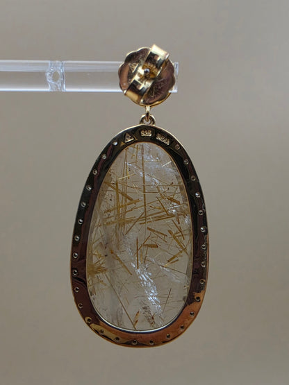 Gold Plated Sterling Silver/Diamond/Rutile Quartz 2" Dangle Earrings