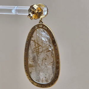 Gold Plated Sterling Silver/Diamond/Rutile Quartz 2" Dangle Earrings
