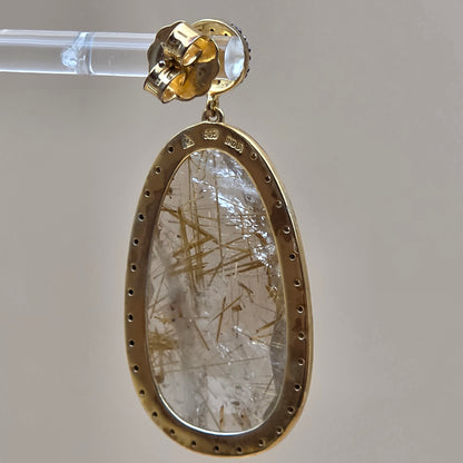 Gold Plated Sterling Silver/Diamond/Rutile Quartz 2" Dangle Earrings