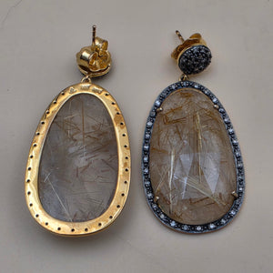 Gold Plated Sterling Silver/Diamond/Rutile Quartz 2" Dangle Earrings