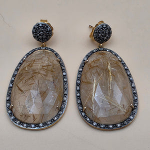Gold Plated Sterling Silver/Diamond/Rutile Quartz 2" Dangle Earrings