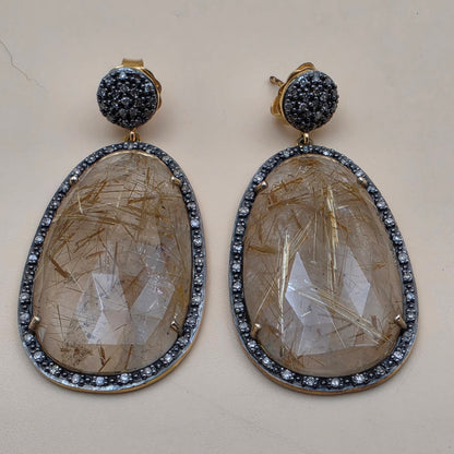 Gold Plated Sterling Silver/Diamond/Rutile Quartz 2" Dangle Earrings