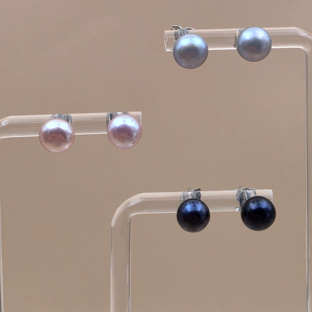 Set of 3 Pair Silver/Pink/Blue Iridescent Faux Pearl 8mm Bead Stud Earrings