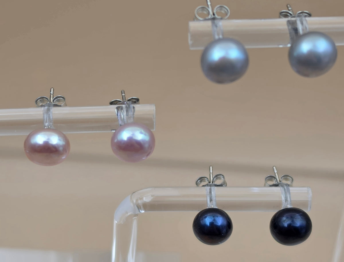 Set of 3 Pair Silver/Pink/Blue Iridescent Faux Pearl 8mm Bead Stud Earrings