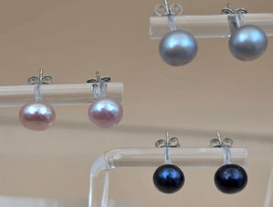 Set of 3 Pair Silver/Pink/Blue Iridescent Faux Pearl 8mm Bead Stud Earrings